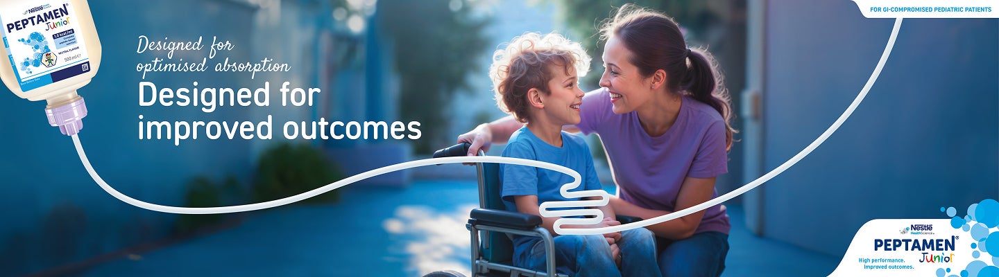 Mother and son smiling together. The son has a disability and is in a wheelchair. The image says 'Designed for improved outcome,' with a picture of the product.