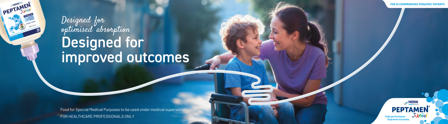Mother and son smiling together. The son has a disability and is in a wheelchair. The image says 'Designed for improved outcome,' with a picture of the product.
