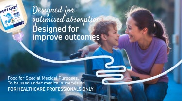 Mother and son smiling together. The son has a disability and is in a wheelchair. The image says 'Designed for improved outcome,' with a picture of the product.
