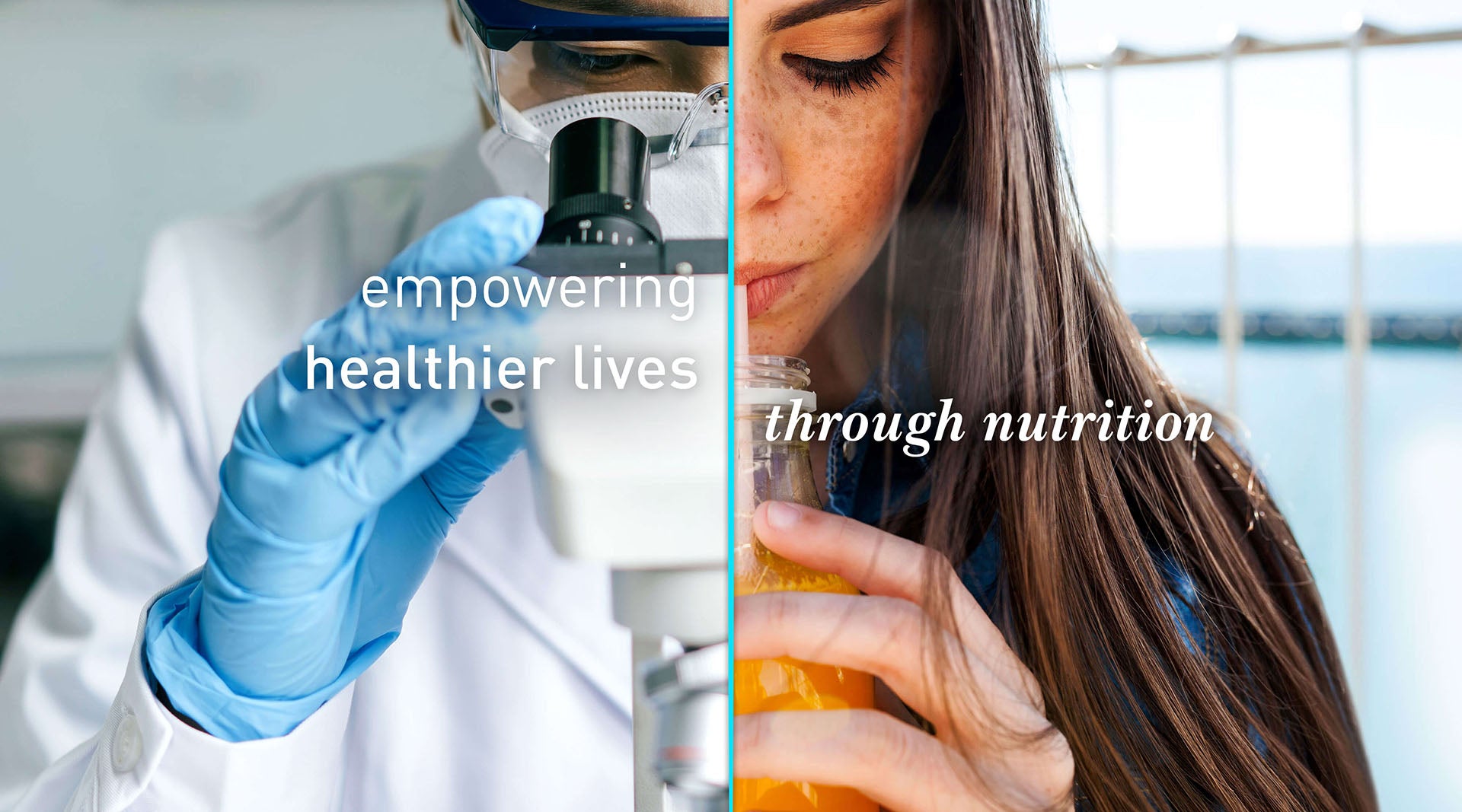 michroscope scientist on the left and girl and orange juice on the right