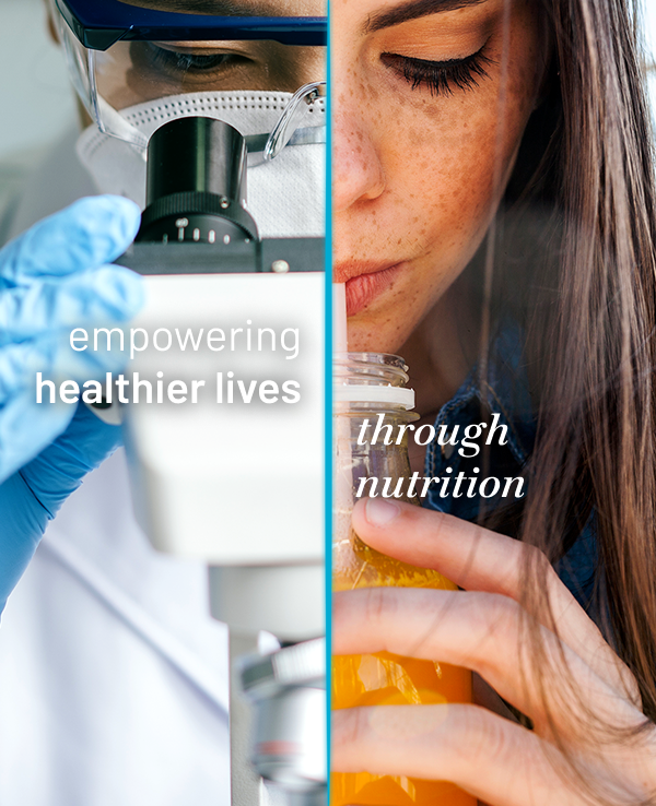 michroscope scientist on the left and girl and orange juice on the right